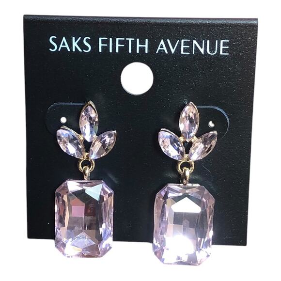 Saks Fifth Avenue NWT Leaf Crystal Rectangle Soft Petal Pink Dangle Earrings - Picture 3 of 11